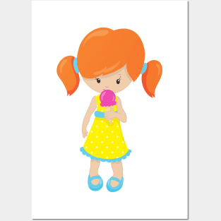 Girl With Ice Cream, Cute Girl, Orange Hair Posters and Art